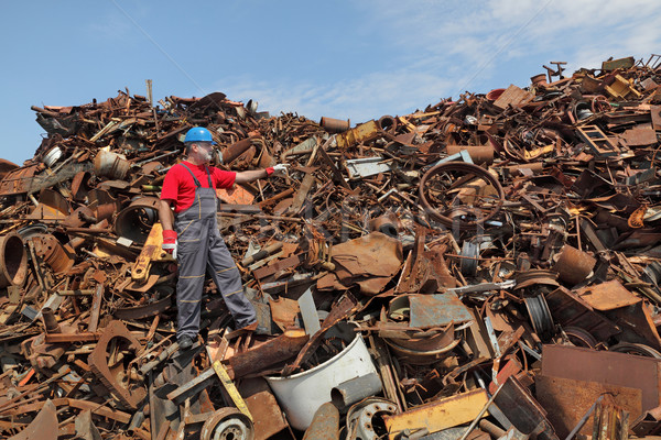 Recycling industry, worker gesture at heap of old metal Stock photo © simazoran