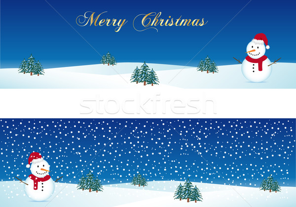 Foto stock: Natal · banners · boneco · de · neve · queda · neve · paisagem