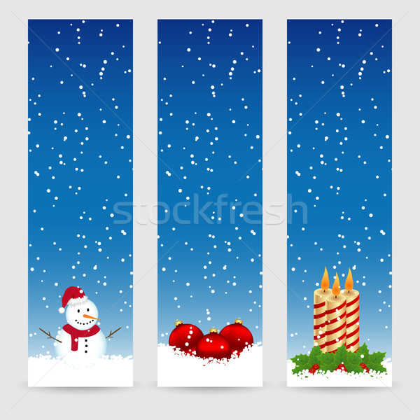 Stock foto: Weihnachten · Banner · Schneemann · Kugeln · Kerzen · Schnee