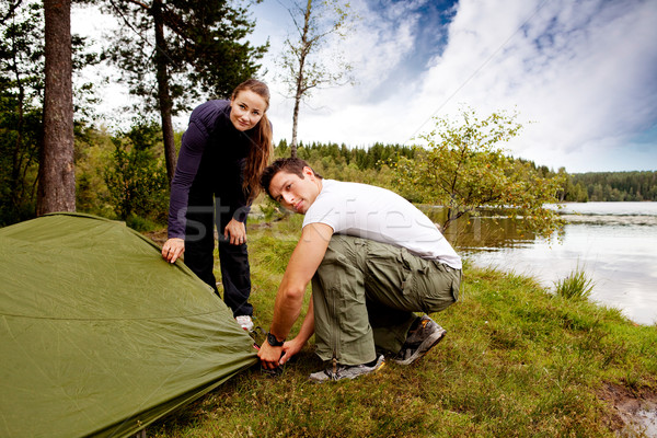 ストックフォト: キャンプ · 男 · 女性 · アップ · テント · 幸せ