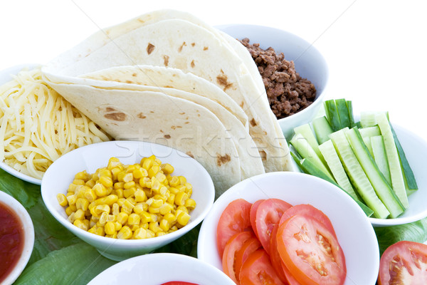 Taco hozzávalók elrendezés izolált fehér étel Stock fotó © SimpleFoto