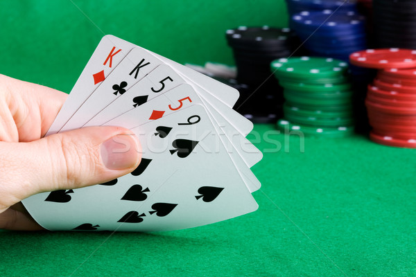 Stockfoto: Twee · paar · poker · hand · chips · geld