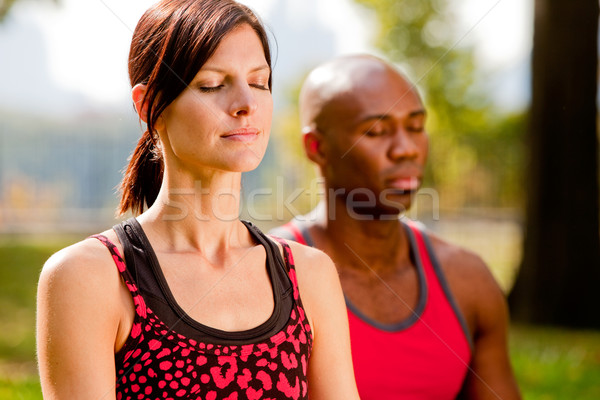 Grup insanlar meditasyon şehir park kız çim Stok fotoğraf © SimpleFoto