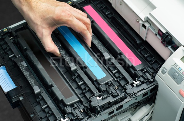Om imprimantă mână tehnologie industrie roşu Imagine de stoc © simpson33