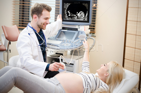 Foto d'archivio: Donna · incinta · medico · ultrasuoni · diagnostica · macchina · donna