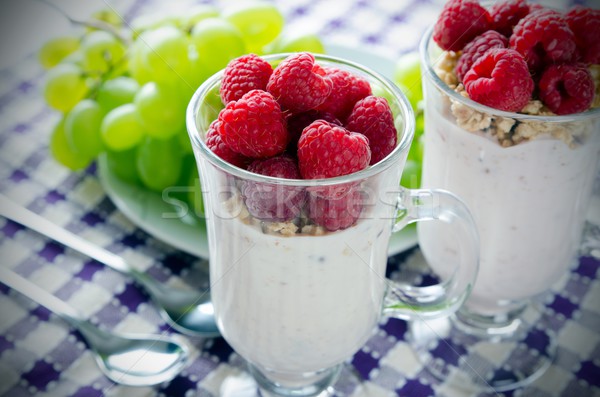 Stock fotó: üveg · desszert · joghurt · friss · bogyók · müzli