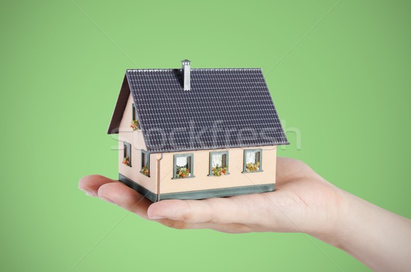 Kéz tart ház miniatűr otthon pénzügy Stock fotó © simpson33