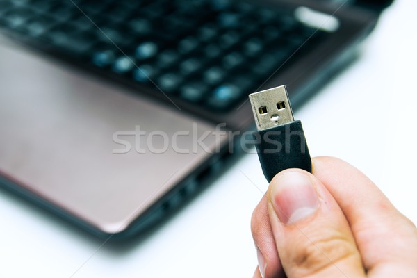Man holding USB plug. Laptop in background Stock photo © simpson33