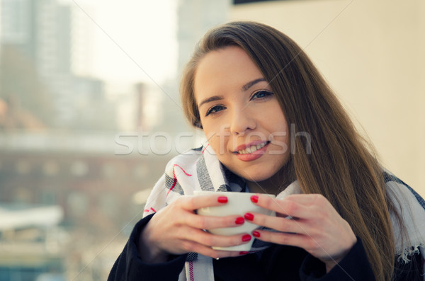 Сток-фото: женщину · питьевой · кофе · балкона · женщины