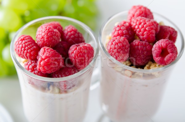 Stock fotó: üveg · desszert · joghurt · friss · bogyók · müzli