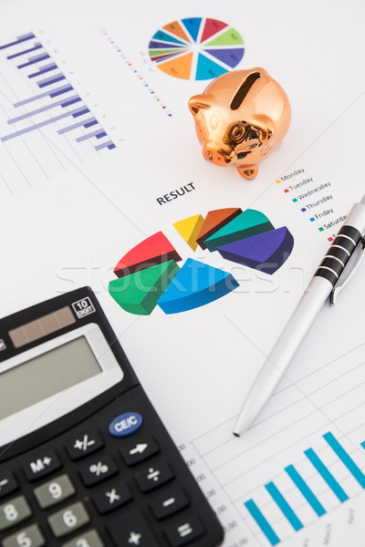 Stock photo: Money savings concept: charts, calculator, pen, pig