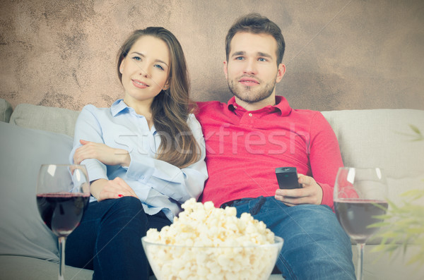 Foto stock: Casal · tempo · livre · assistindo · tv · lazer · casa