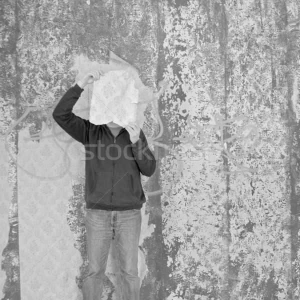 Mann Zimmer Stück zerrissen Tapete schwarz weiß Stock foto © sirylok