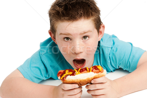 Stock fotó: éhes · fiatal · srác · eszik · hotdog · haj · nagy