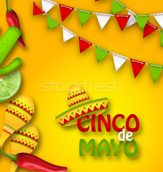 Holiday Celebration Banner for Cinco De Mayo with Chili Pepper, Sombrero Hat, Maracas, Piece of Lime Stock photo © smeagorl