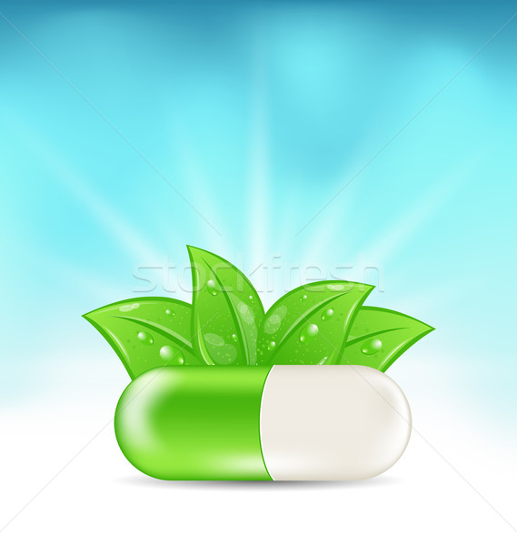 Natural medical pilulă frunze verzi ilustrare albastru Imagine de stoc © smeagorl