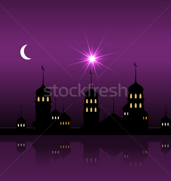 Silhouette of Mosque Against Night Sky with Crescent Moon Stock photo © smeagorl