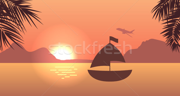 Zonsopgang zonsondergang zee berg palmbomen print Stockfoto © smeagorl