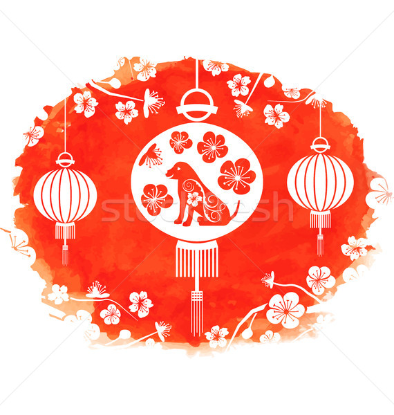 Watercolor Frame with Lanterns and Earthen Dog, Zodiac Symbol of 2018 Year Stock photo © smeagorl
