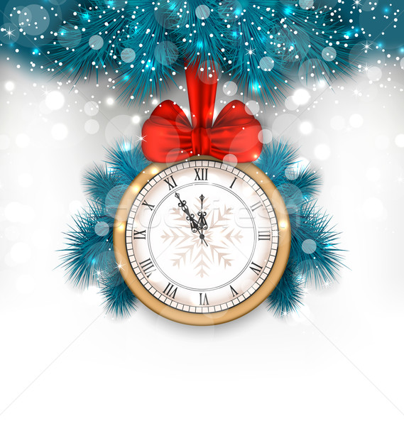 Stock photo: New Year Midnight Background with Clock and Fir Twigs