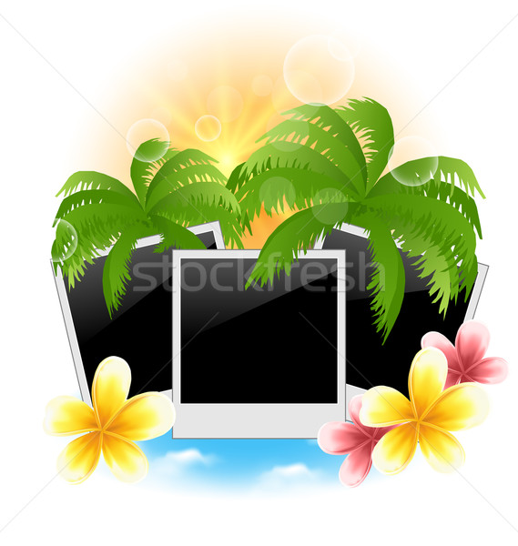 Set photo frame with palms, flowers frangipani, seascape backgro Stock photo © smeagorl