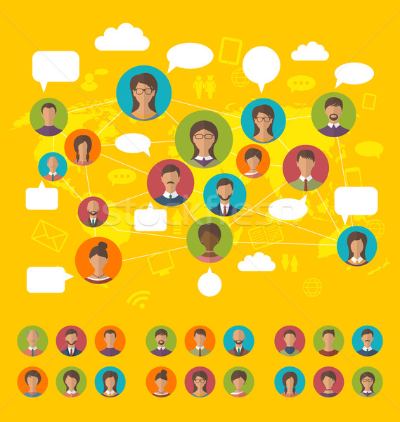 Social network concept on world map with people icons avatars, f Stock photo © smeagorl