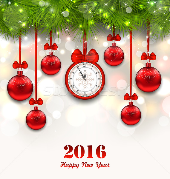 New Year Magic Background with Clock, Fir Twigs and Glass Ball Stock photo © smeagorl