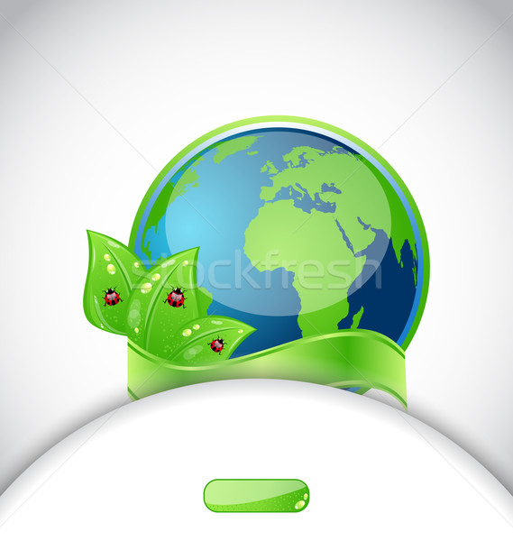 Stock photo: Green earth with leaves and ladybugs, background with emblem