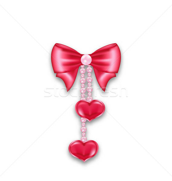 Pink gift bow ribbon with heart hanging on pearls, isolated on w Stock photo © smeagorl