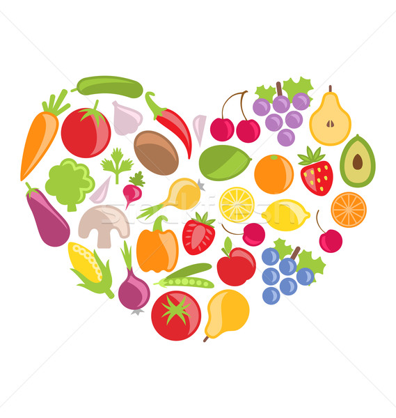 [[stock_photo]]: Coloré · légumes · fruits · forme · de · coeur · illustration
