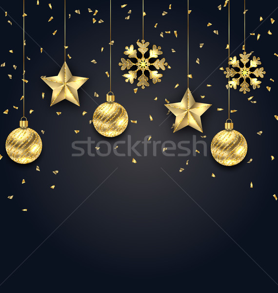 Stock photo: Christmas Dark Background with Golden Balls, Stars and Snowflakes