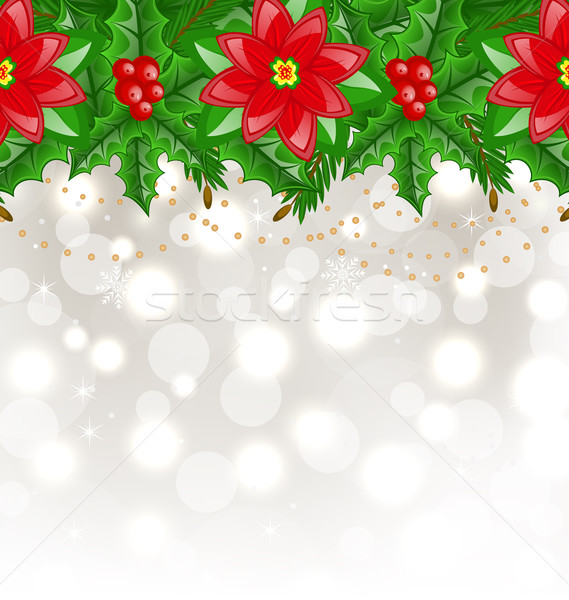 Christmas glowing background with holly berry and poinsettia Stock photo © smeagorl