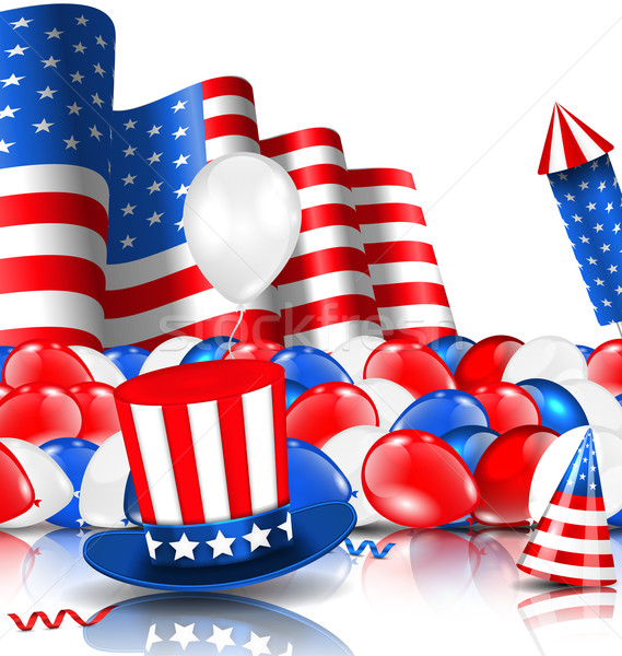 American Background with Balloons, Party Hats, Firework Rocket, Flag and Confetti Stock photo © smeagorl