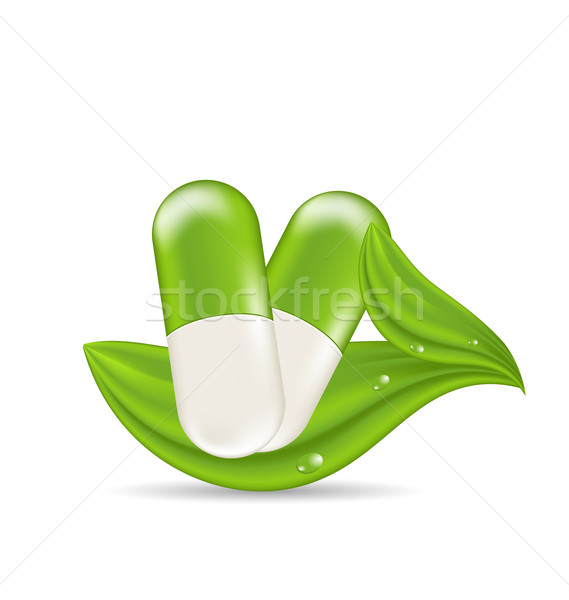 Natuurlijke medische pillen groene bladeren geïsoleerd witte Stockfoto © smeagorl