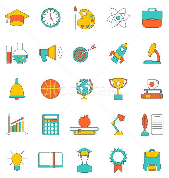 Stock photo: Set Flat Line Colorful Icons of School Equipment