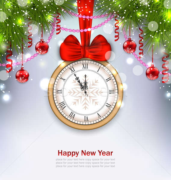 Neujahr Mitternacht Uhr Illustration Kugeln Tanne Stock foto © smeagorl