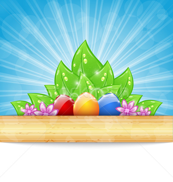 Easter background with colorful eggs, leaves, flowers Stock photo © smeagorl