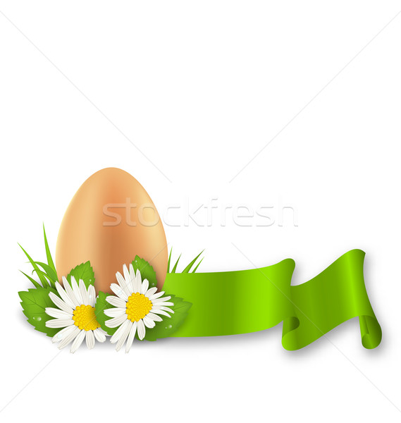 Traditional Easter egg with flowers daisy, grass and ribbon, cop Stock photo © smeagorl