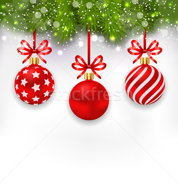 Illustration Light Wallpaper with Fir Twigs and Red Glassy Balls for Happy Winter Holidays - Vector Stock photo © smeagorl
