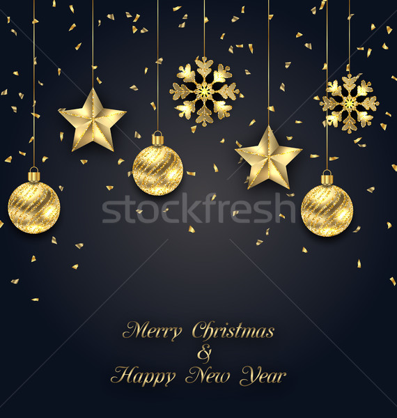 Stock photo: Christmas Dark Background with Golden Baubles, Greeting Banner