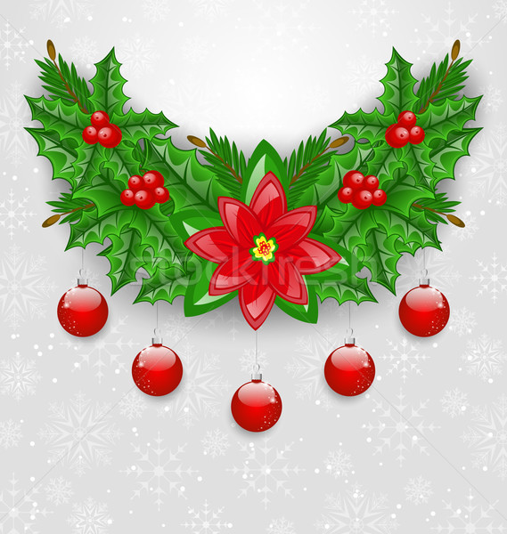 Christmas adornment with balls, holly berry, pine and poinsettia Stock photo © smeagorl