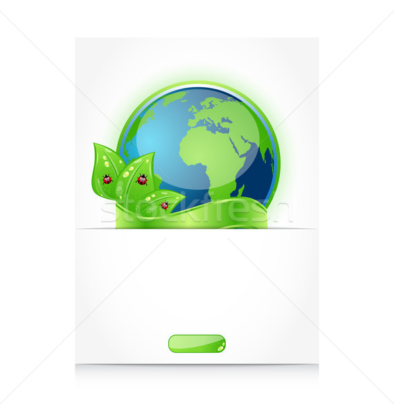 Stock photo: Green earth with leaves and ladybugs, paper with emblem