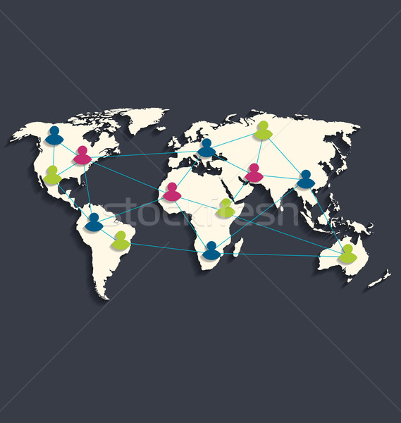 Social connection on world map with people icons, flat style des Stock photo © smeagorl