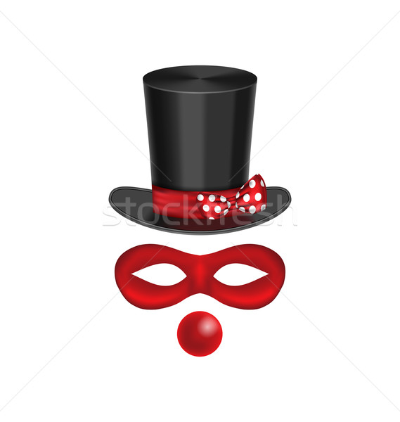 Accessories for clown - hat, mask, red nose are isolated on whit Stock photo © smeagorl