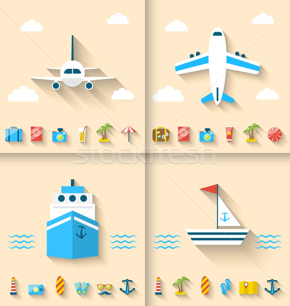 Stock photo: Set Banners with Flat Icons of Planning Summer Vacation, Minimal