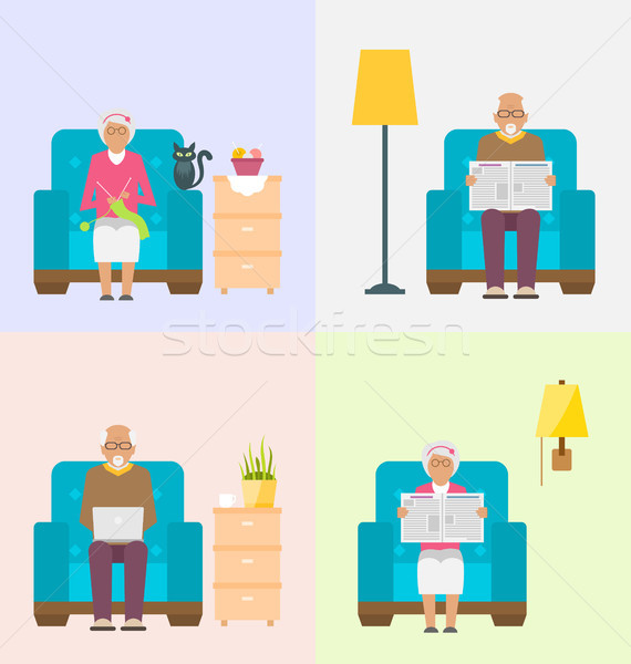 Leisure for Pensioners, Reading Newspaper, Knitting, Using Internet. Home Interior Background Stock photo © smeagorl
