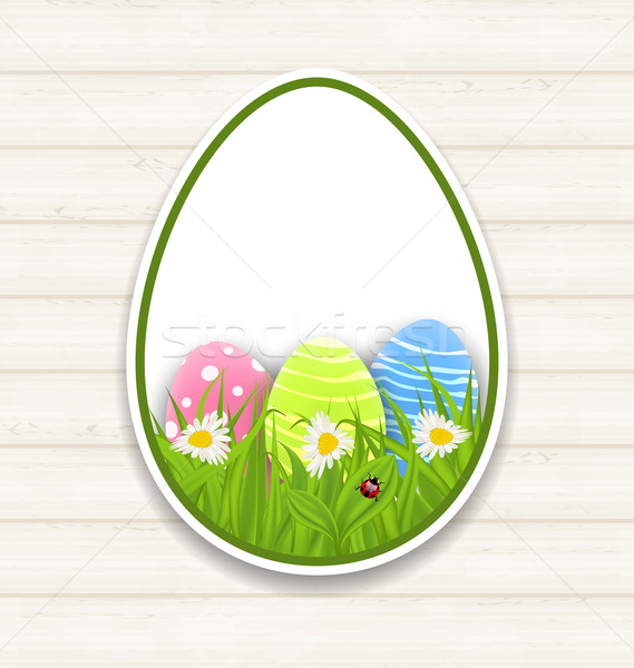 Stock photo: Easter paper sticker eggs with green grass and flowers 