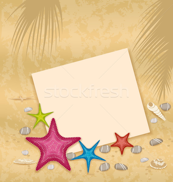 Sand background with paper card, starfishes, pebble stones, seas Stock photo © smeagorl
