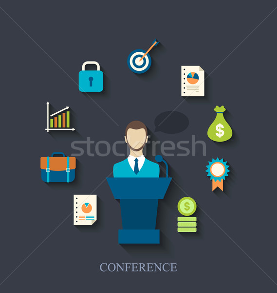 Orator speaking from tribune and flat icons of business conferen Stock photo © smeagorl