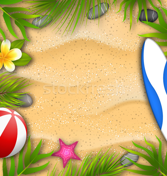 Beautiful Poster with Palm Leaves, Beach Ball, Frangipani Flower, Starfish, Surf Board, Sand Texture Stock photo © smeagorl